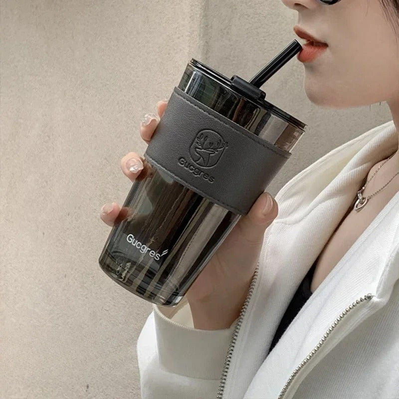Luxury Glass Tumbler - Modern Sipping Cup with Insulated Leather Sleeve & Straw