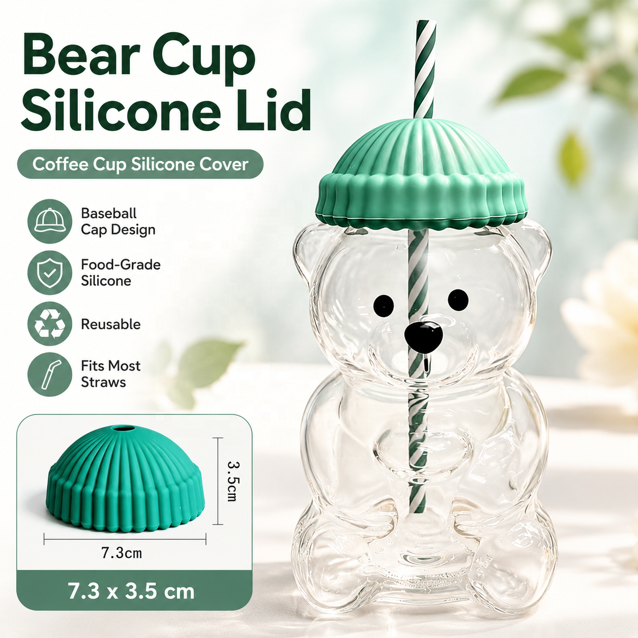 Bear Glass Tumbler with Lid & Straw 600ml with Reusable Straw