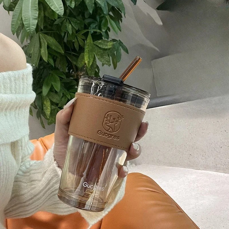 Luxury Glass Tumbler - Modern Sipping Cup with Insulated Leather Sleeve & Straw