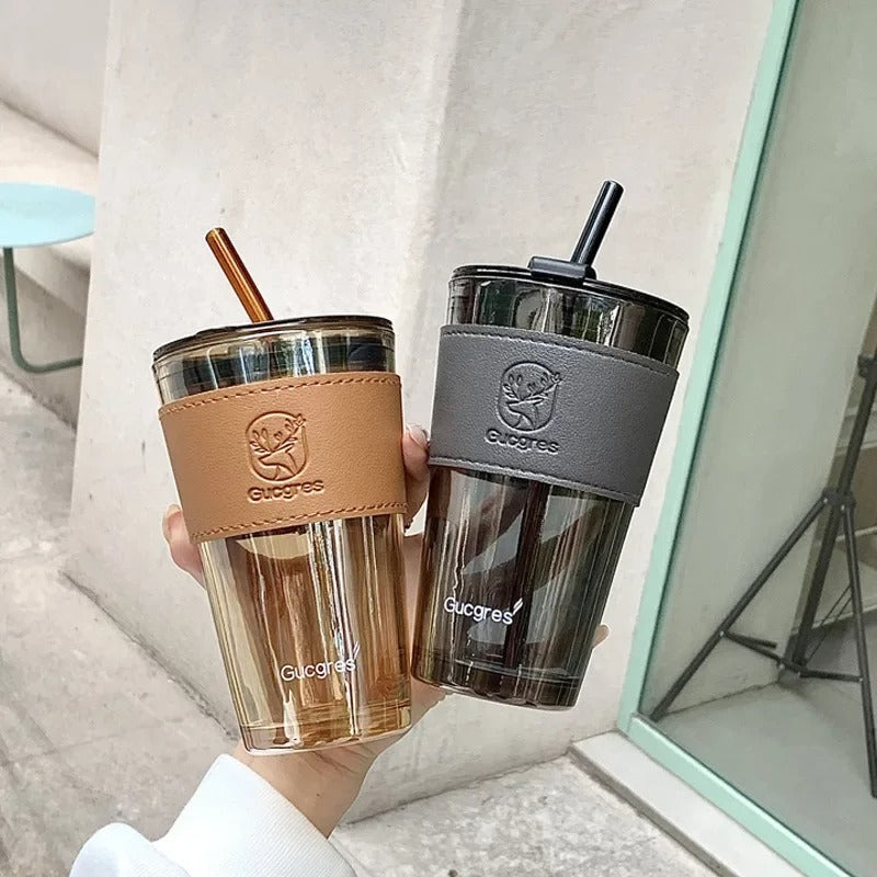 Luxury Glass Tumbler - Modern Sipping Cup with Insulated Leather Sleeve & Straw