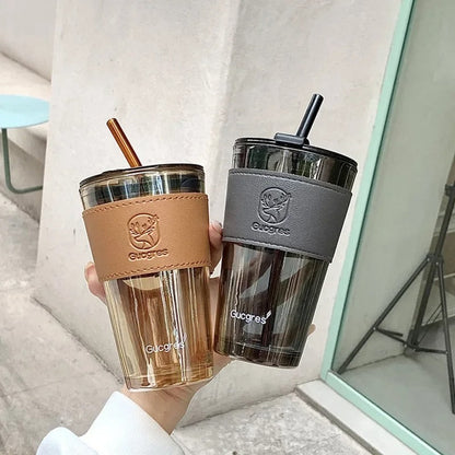 Luxury Glass Tumbler - Modern Sipping Cup with Insulated Leather Sleeve & Straw