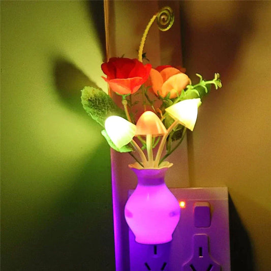 LED Night Light With Sensor Plug-in Auto Switch Rose Flower Mushroom Night Lamp Wall Light Myle Cart