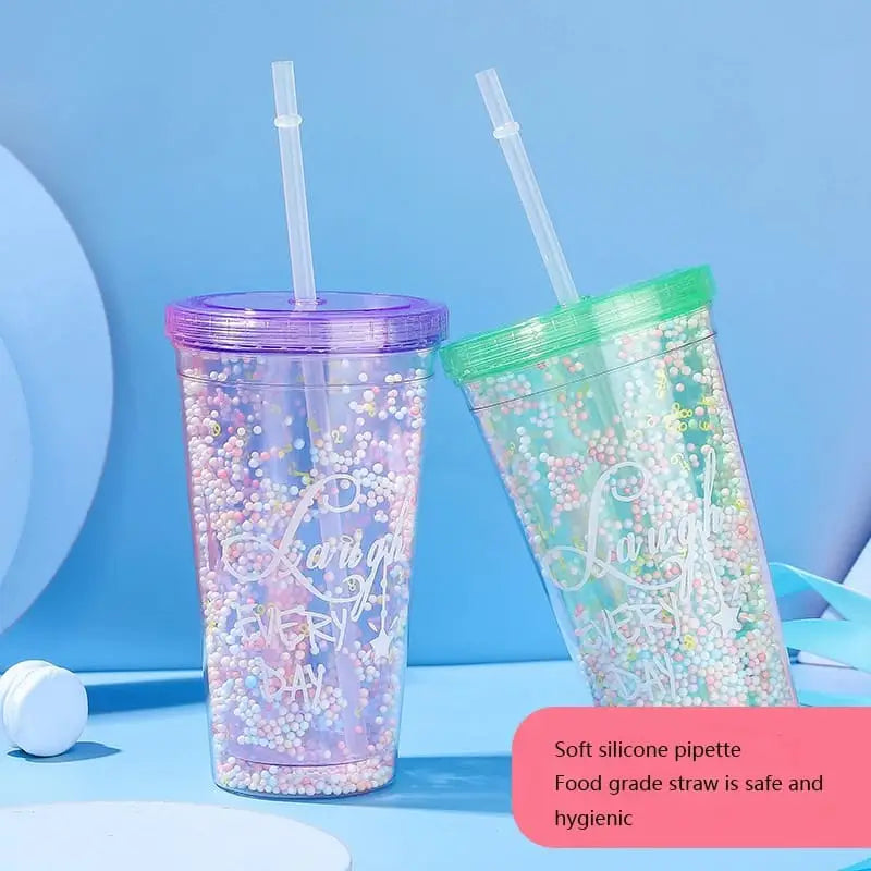 Rainbow color double layer plastic water bottle with straws Milk cup Myle Cart