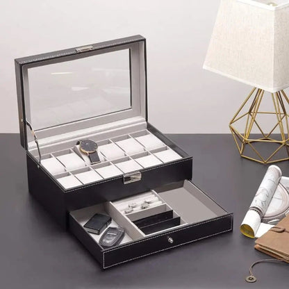 Double Layer 12 Grid Watch organzier and jewellery Organizer in best quality leather material.