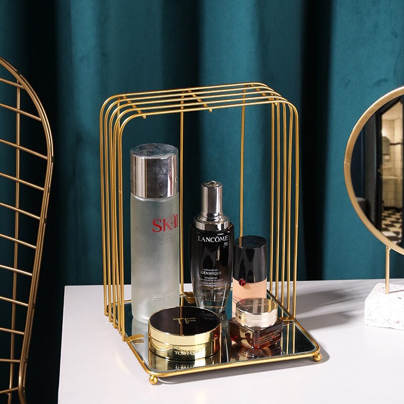 New Style Metal Brass Cosmetic Organizer with Mirror Shelves