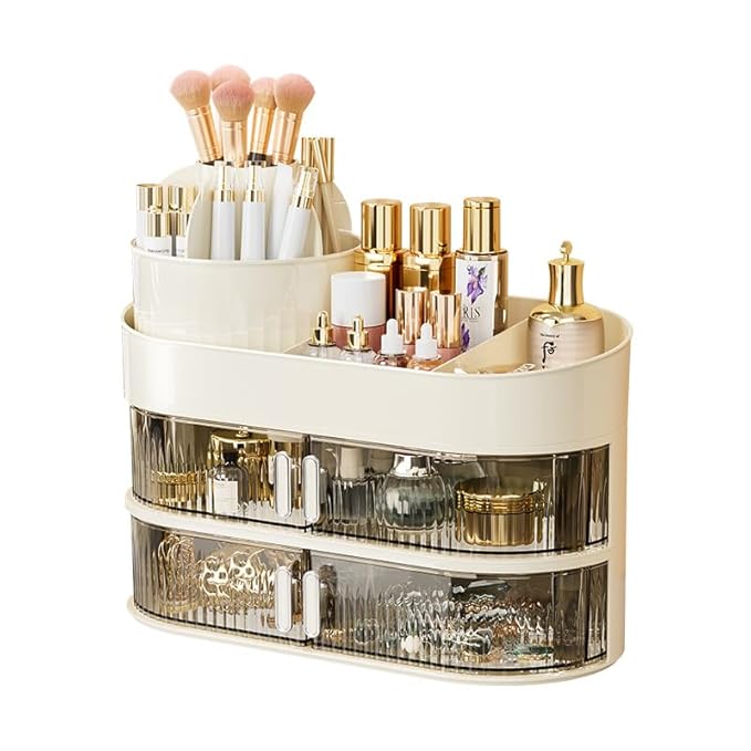 Rotating Makeup Organizer Display Case with Drawer