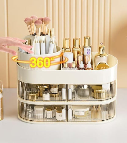 Rotating Makeup Organizer Display Case with Drawer