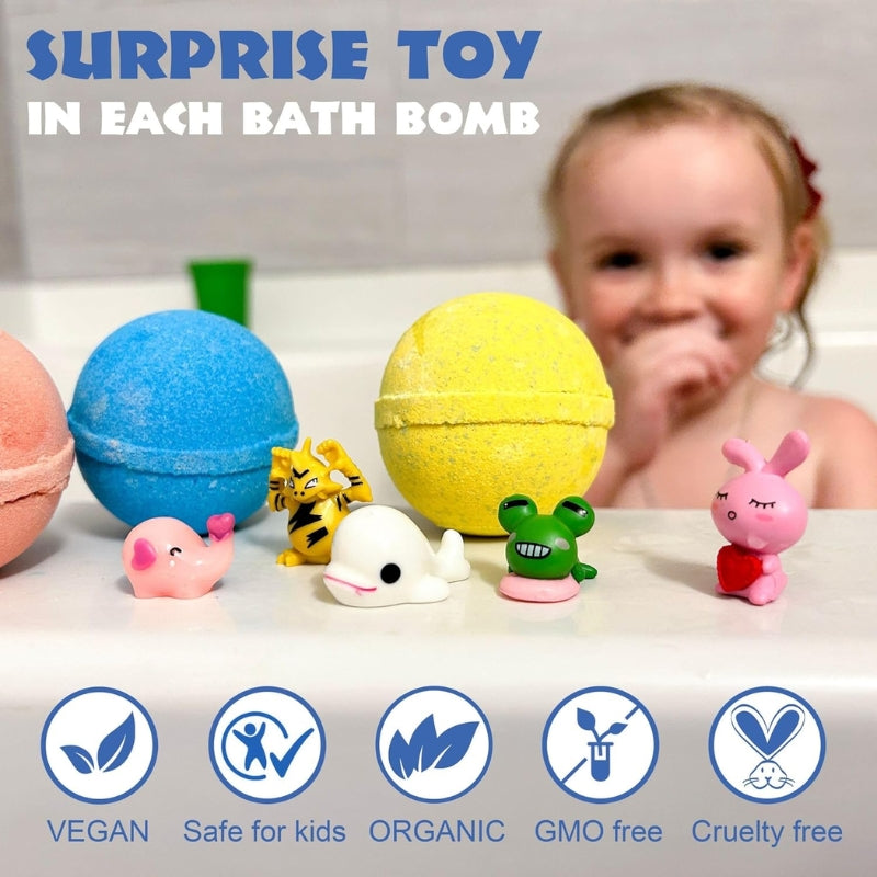 Kids bath bomb gift set with surprise toy inside colorful fizzing