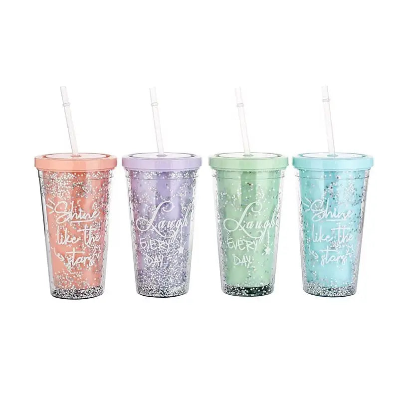 Rainbow color double layer plastic water bottle with straws Milk cup Myle Cart