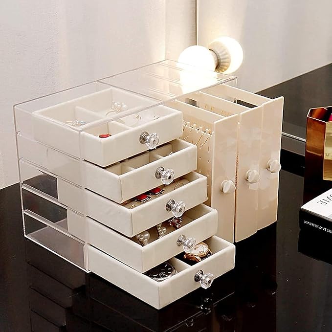 Jewellery organizer with multi drawers and transparent jewellery hanging option