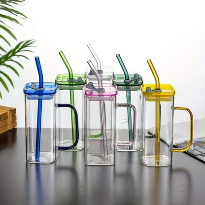 Transparent Square Drinking Glass With Lid And Straw