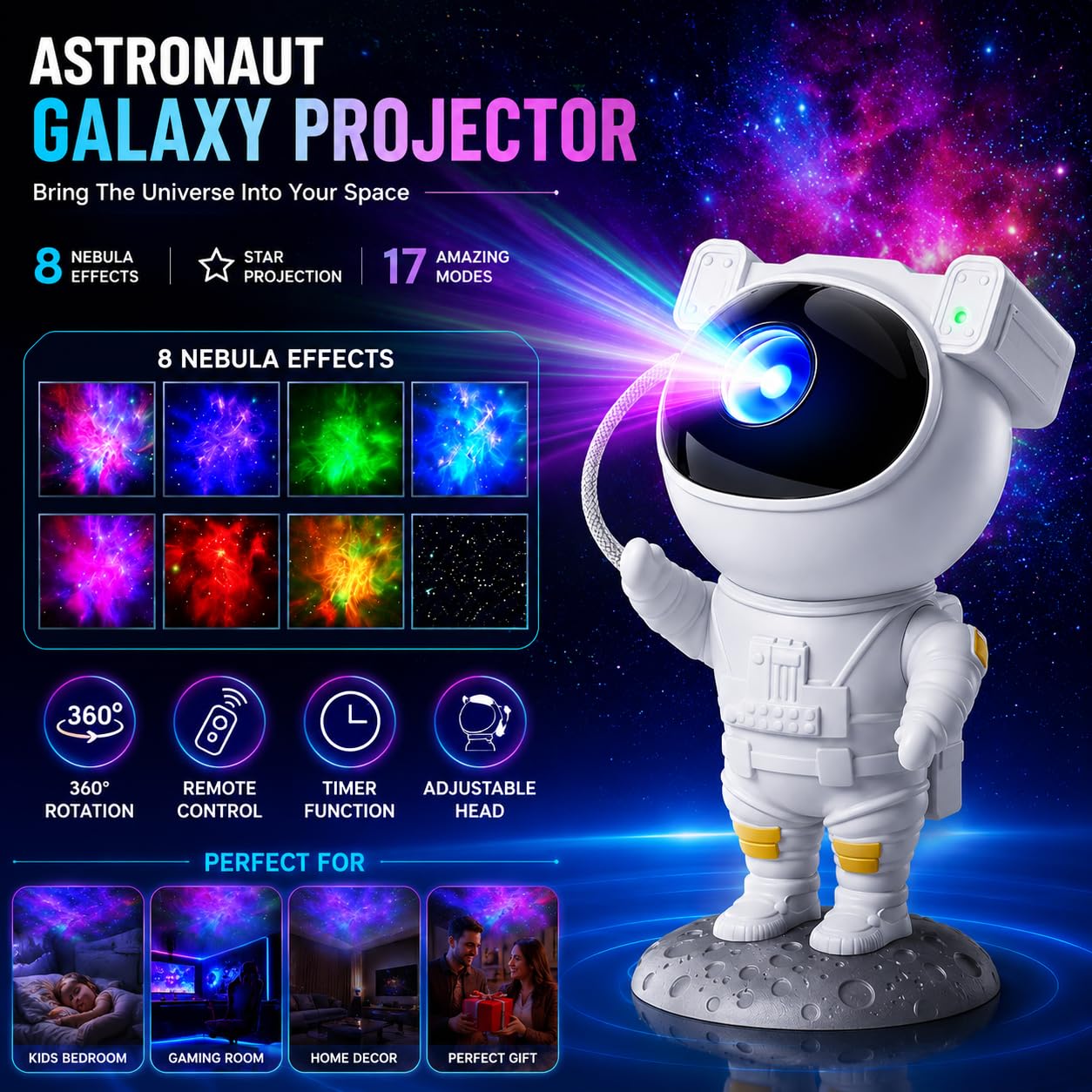 Astronaut Galaxy Projector Night Light — With Bluetooth Speaker