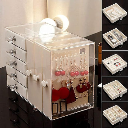 Jewellery organizer with multi drawers and transparent jewellery hanging option