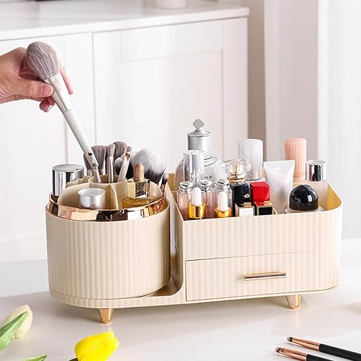 360° Rotating Makeup Organizer For Vanity with Drawer