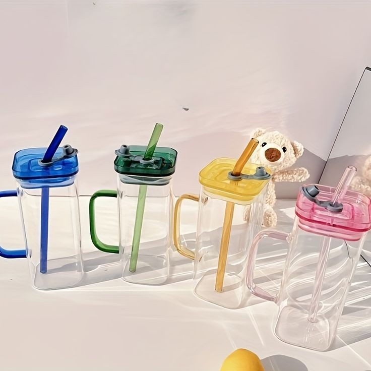 Transparent Square Drinking Glass With Lid And Straw