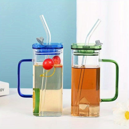 Transparent Square Drinking Glass With Lid And Straw