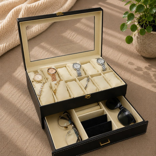 12 Grid Double Layer Watch & Jewellery Organizer | Premium Leather Pakistan