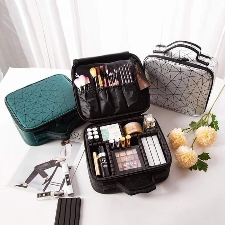 Premium double layer cosmetic organizer bag multi-compartment makeup pouch