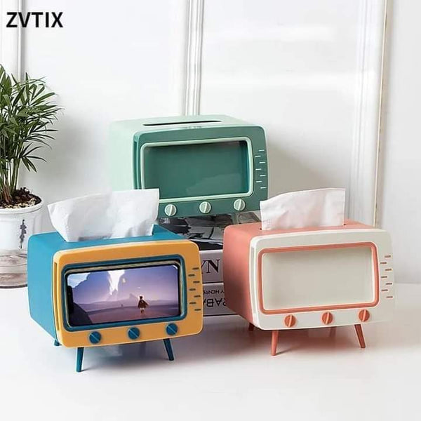 2 In 1 Tissue Box With Phone Stand Tv Appearance Creative Square Home Office Desktop Tissue Boxes Storage Organizer Myle Cart