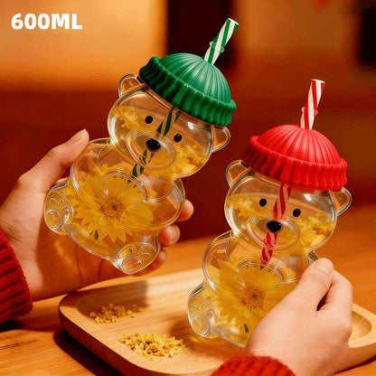 Bear Glass Tumbler with Lid & Straw 600ml with Reusable Straw
