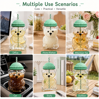 Bear Glass Tumbler with Lid & Straw 600ml with Reusable Straw