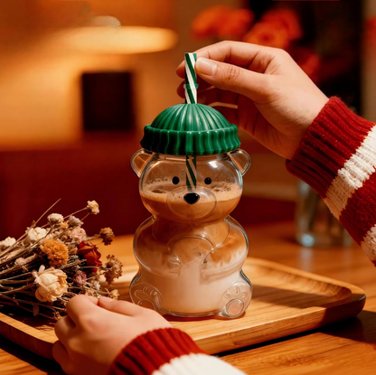 Bear Glass Tumbler with Lid & Straw 600ml with Reusable Straw