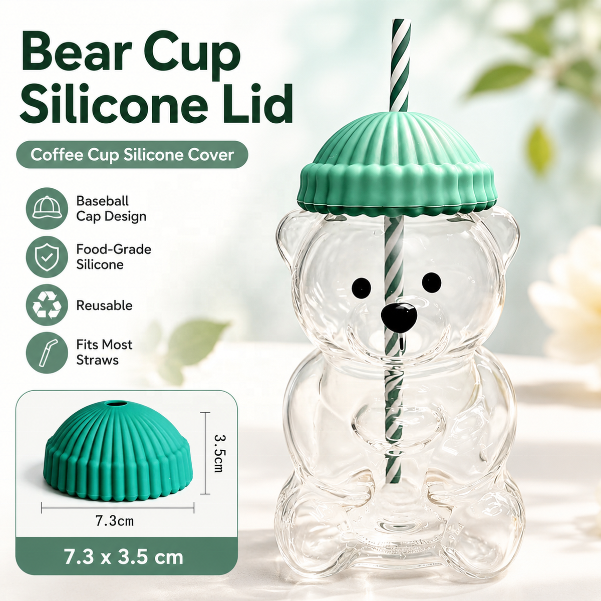 Bear Glass Tumbler with Lid & Straw 600ml with Reusable Straw