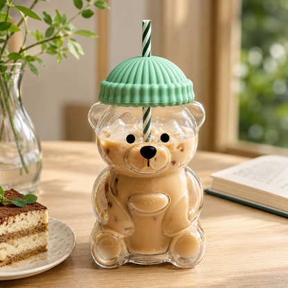 Bear Glass Tumbler with Lid & Straw 600ml with Reusable Straw
