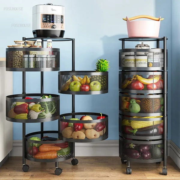 Metallic body Round rotating kitchen organizer with wheels Myle Cart