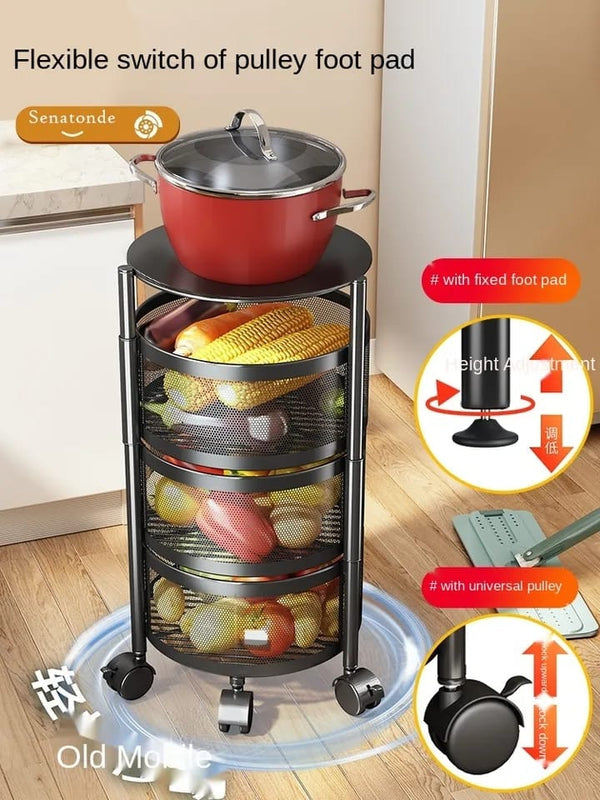 Metallic body Round rotating kitchen organizer with wheels Myle Cart