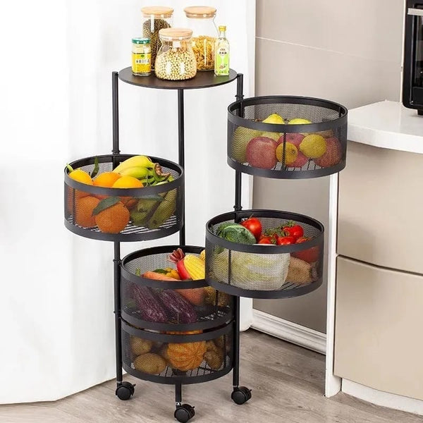 Metallic body Round rotating kitchen organizer with wheels Myle Cart