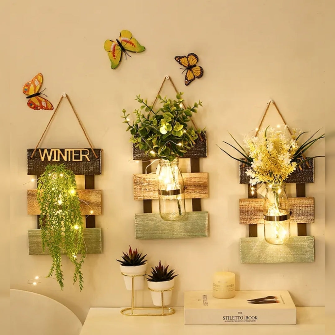 Led glass jar with flower arrangement in beautiful look wooden hanging. Myle Cart