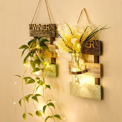 Led glass jar with flower arrangement in beautiful look wooden hanging. Myle Cart