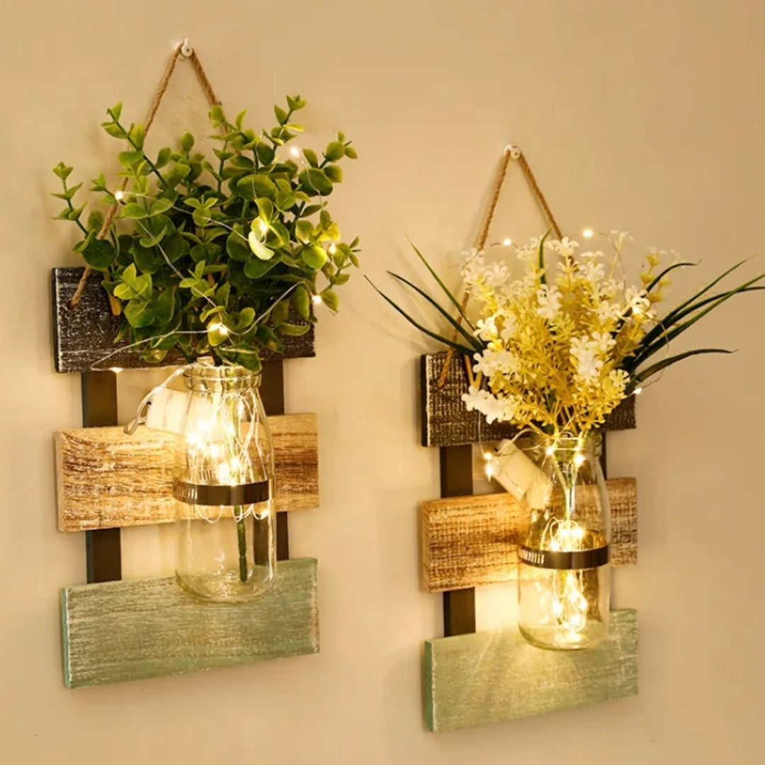 Led glass jar with flower arrangement in beautiful look wooden hanging. Myle Cart