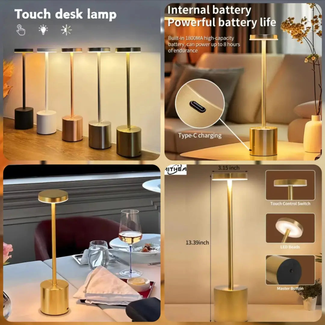 Metal touch sensor lamp USB-C rechargeable cordless ambient light gold