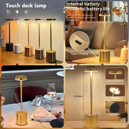 Metal touch sensor lamp USB-C rechargeable cordless ambient light gold
